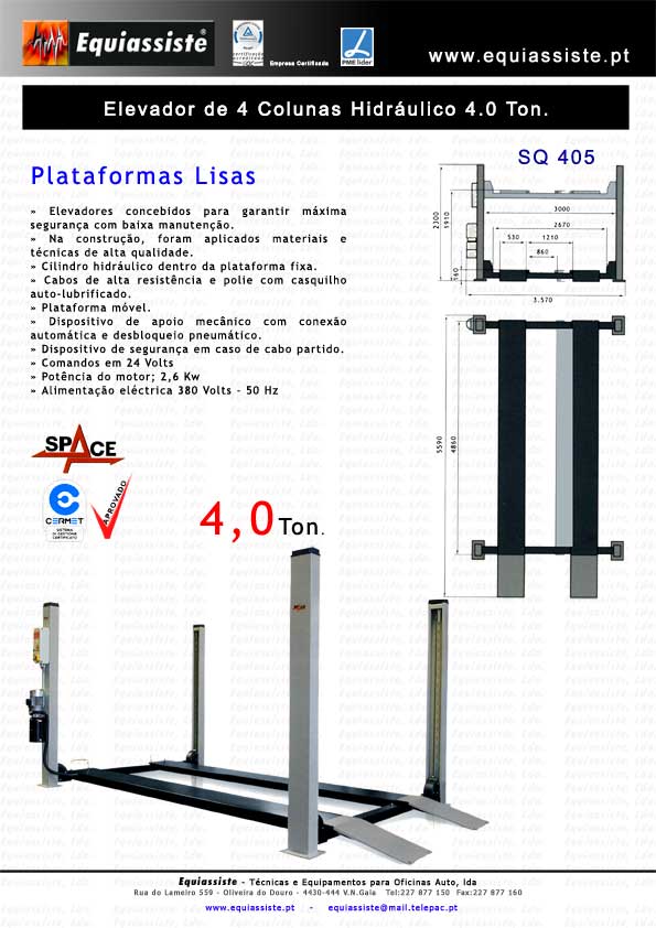 Elevador de 4 quatro colunas plataformas lisas 4 Ton