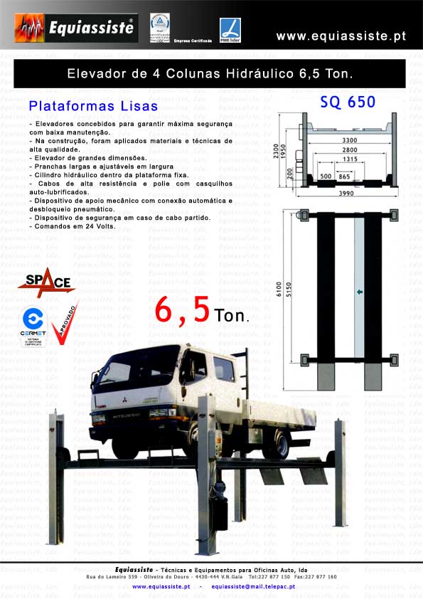 Elevador de 4 quatro colunas plataformas lisas 6.5 Ton