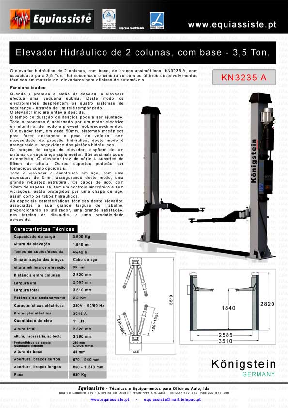 Elevador de 2 duas colunas hidráulico 3,5 Ton