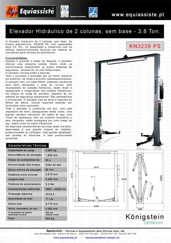 Elevador de 2 duas colunas sem base hidráulico de 3,8 Ton