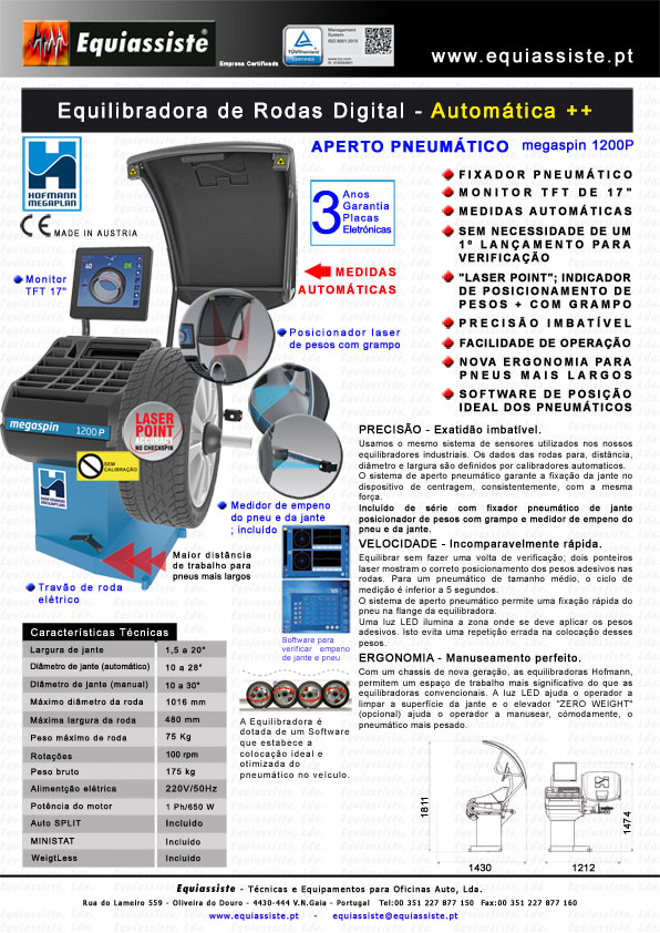 Hofmann Portugal Megaspin 1200P Maquina de equilibrar rodas veiculos ligeiros automatica aperto pneumatico equilibradora
