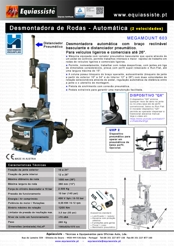 Hofmann Portugal Megamount 603 Desmontadora de Rodas Automática duas 2 Velocidades com dispositivo QX