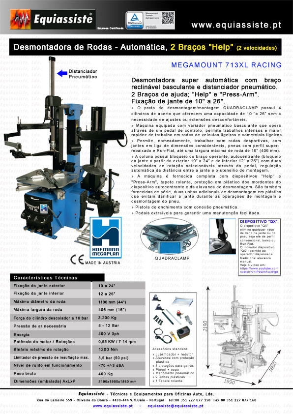 Hofmann Portugal Megamount 713xl racing maquina de desmontar rodas veiculos ligeiros e comerciais duas 2 velocidades com distanciador pneumático e dois 2 braços de ajuda à desmontagem e unha especial