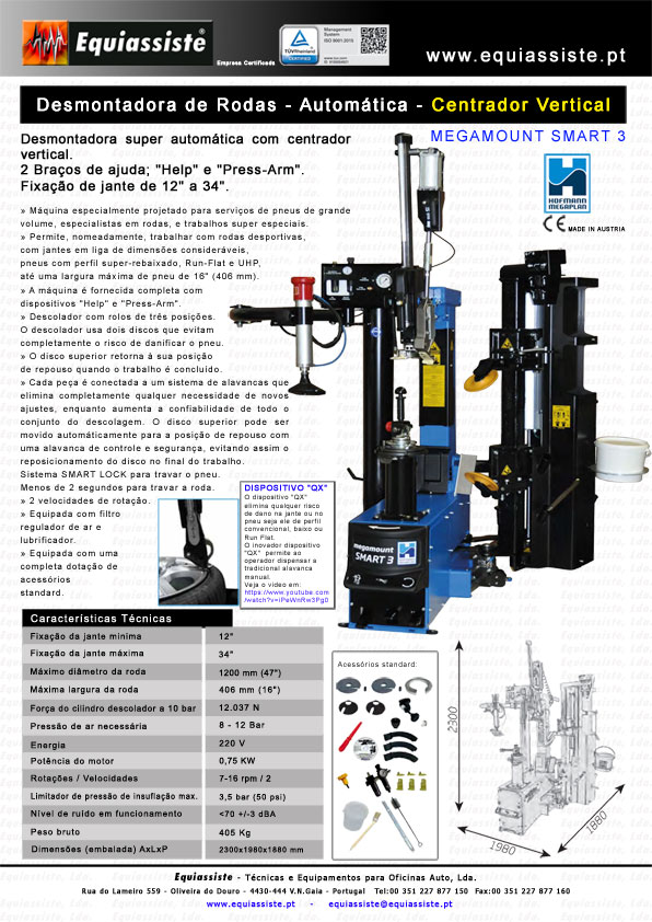 Hofmann Portugal Megamount smart3 maquina de desmontar rodas veiculos ligeiros e comerciais duas 2 velocidades com centrador vertical e dois 2 braços de ajuda à desmontagem