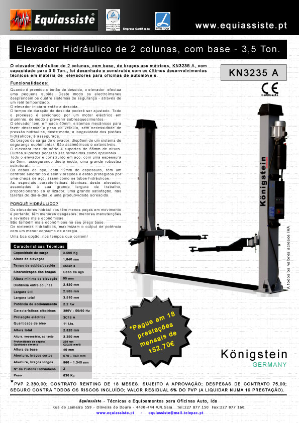 Konigstein Elevador automovel Hidráulico de 2 colunas