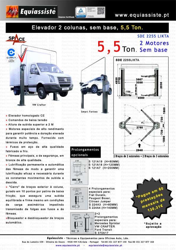 Space elevador automovel de 2 duas colunas e 2 dois motores sem base de 5,5 Ton.