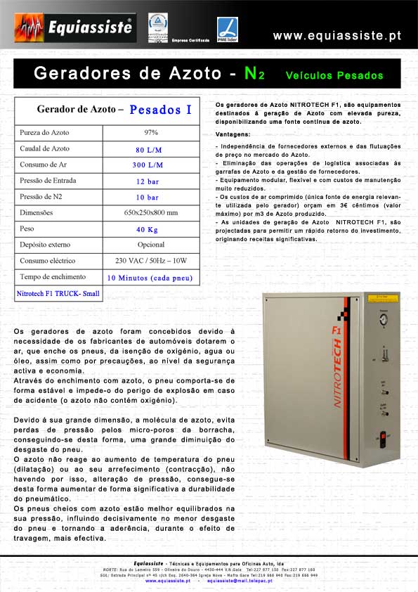 Enchimento geradores de Azoto N2 para pneus Veiculos Ligeiros Pesados e Pesados de Grande Caudal em pneus