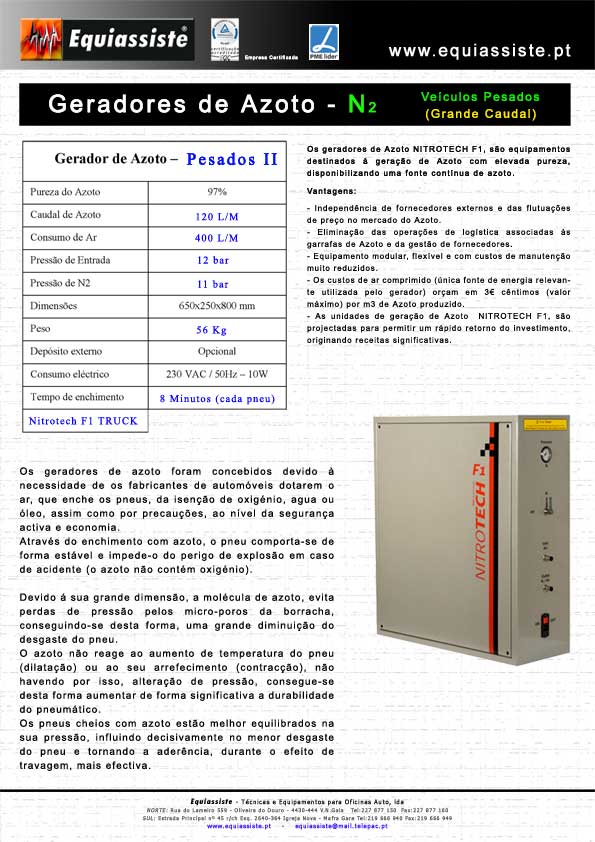 Enchimento geradores de Azoto N2 para pneus Veiculos Ligeiros Pesados e Pesados de Grande Caudal em pneus