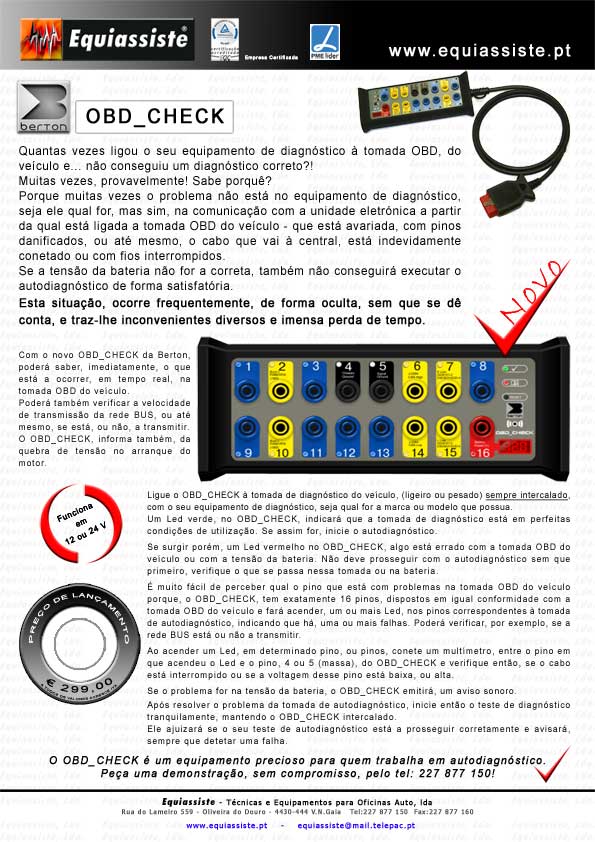 Berton - OBD_CHECK teste a ficha OBD do veículo antes de iniciar o diagnóstico a ligeiros ou pesados, seja qual for o seu equipamento de diagnóstico.