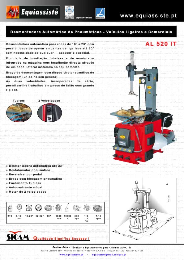 Sicam - Desmontadora montadora para pneus de ligeiros e comerciais automática, 2 velocidades, com enchimento tubless