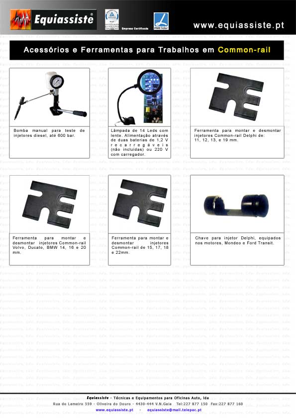 Acessórios para teste e reparação de bombas e injectores Common-rail